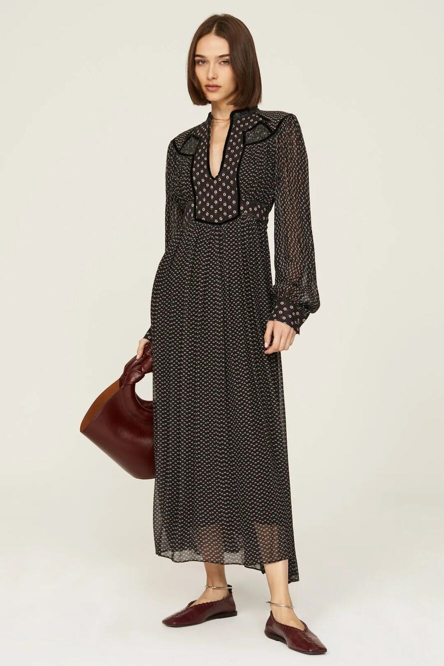 SEA New York Alani Black Floral Print Long Sleeve V-Neck Whimsigoth Maxi Dress M
